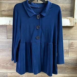 Notations Ladies Navy Blue 3 Button Babydoll Style Blouse, See Description